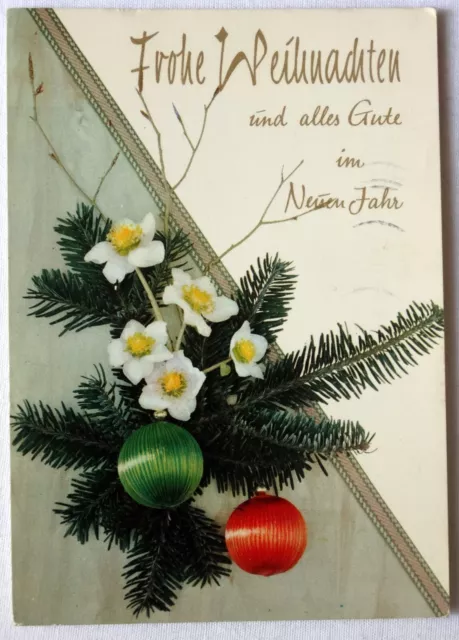 Alte AK Weihnachts und Neujahrsgrüße mit Schneerosen und Tannenzweig 1976