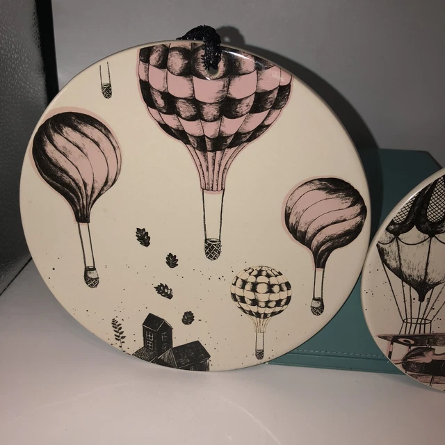 2 Bloomingville Vtg Hot Air Balloon & Biplane Plaques B