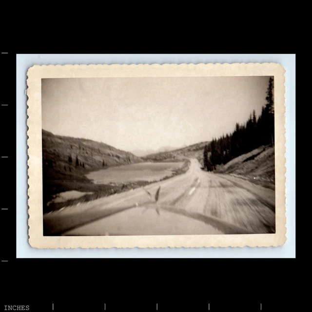 Old Vintage Photo ABSTRACT CLASSIC CAR HOOD ROAD VIEW THROUGH WINDSHIELD HILLS