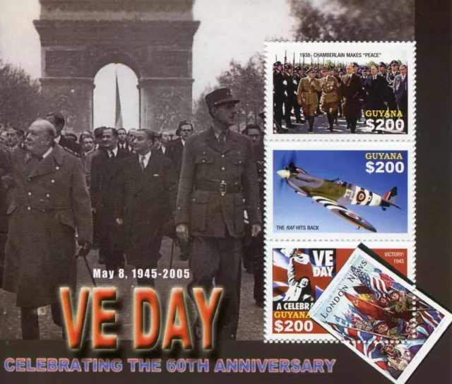 Guyana Stamps 2005 MNH WWII WW2 VE Day World War II Churchill De Gaulle 3v M/S