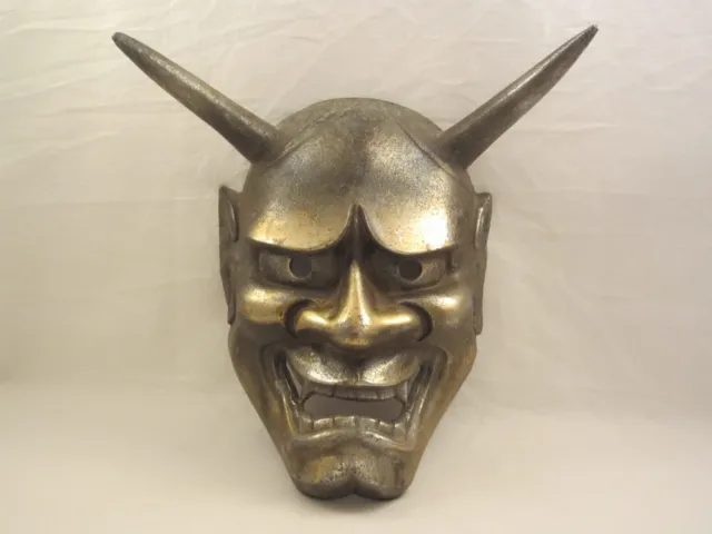 Hannya Noh Oni Kopf Wandmaske Maske Hörner Metall Gold Alt Japan Samurai Stempel