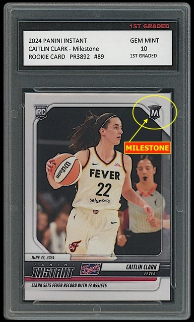 Caitlin Clark Rookie Card Caitlin Clark 2024 Panini Instant Rookie Card   GRADED GEM-MT 10 #198 Milestone