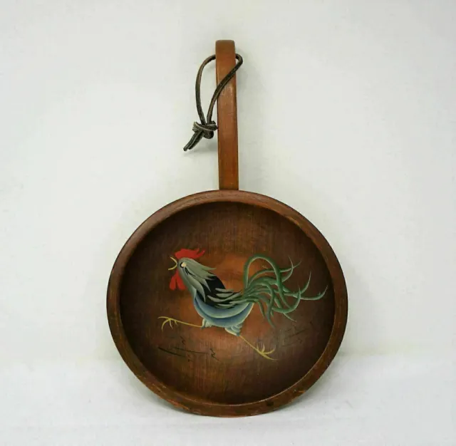 Vintage Munising Wood Wooden footed Bowl with handle USA hand painted rooster