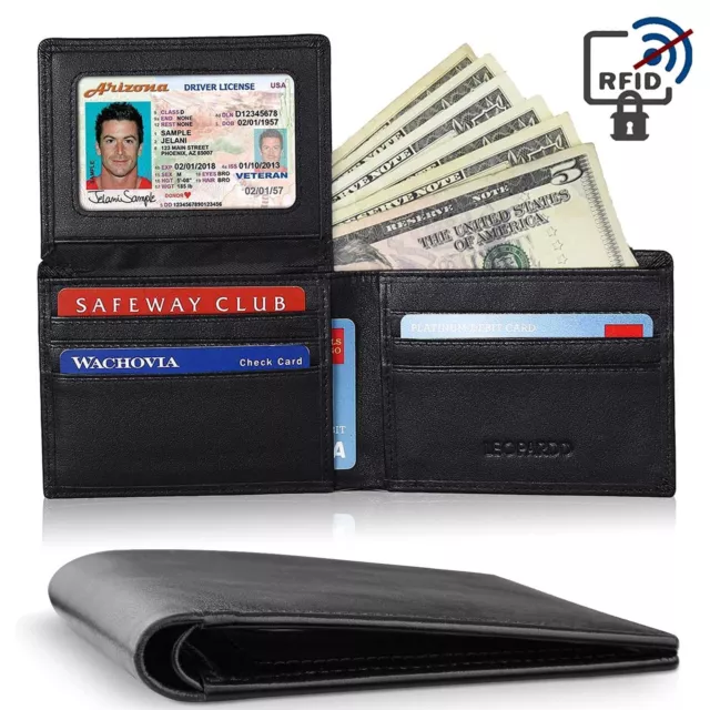 Mens Genuine Leather Wallet Purse Bifold Credit Card Holder RFID Blocking Wallet