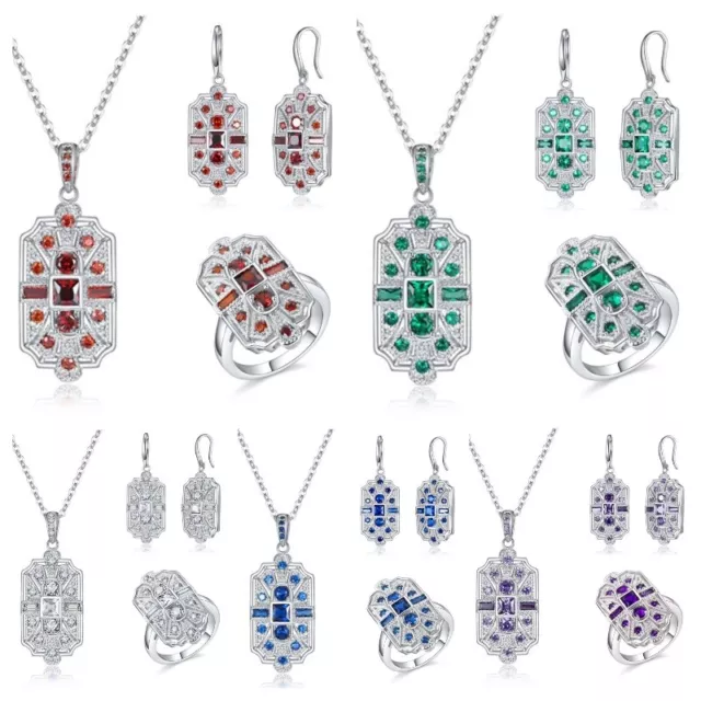 Fashion 925 Silver Cubic Zircon Pendant Necklace Earrings Ring Women Jewelry Set
