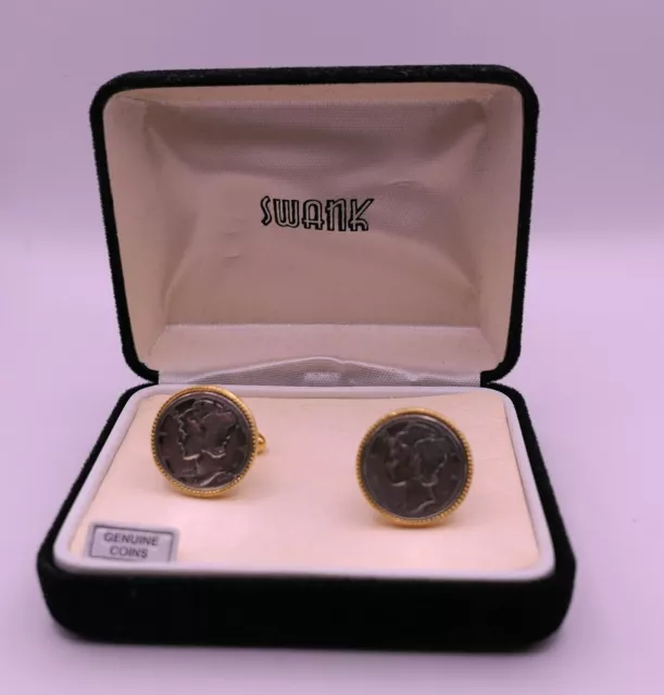 Vintage Swank Sterling Mercury Dime Cufflinks Set in Goldtone