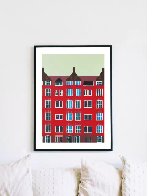 Red Brick Tall Houses Wall Art Nordic Scandinavian Wes Anderson Style - A4 Size