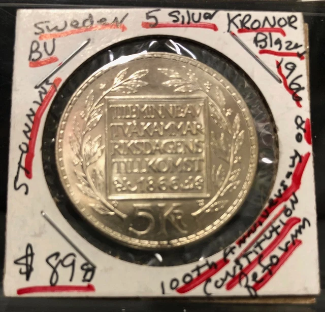 1966 SWEDEN  BU 5 SILVER KRONOR hONORS 100th  ANNIVERSARY OF CONSTITUTION REFORM