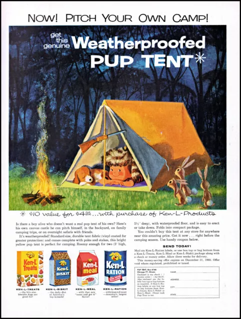 1960 Boy Dog Pup Tent Camping Ken-L-Ration dog food vintage art print ad L56
