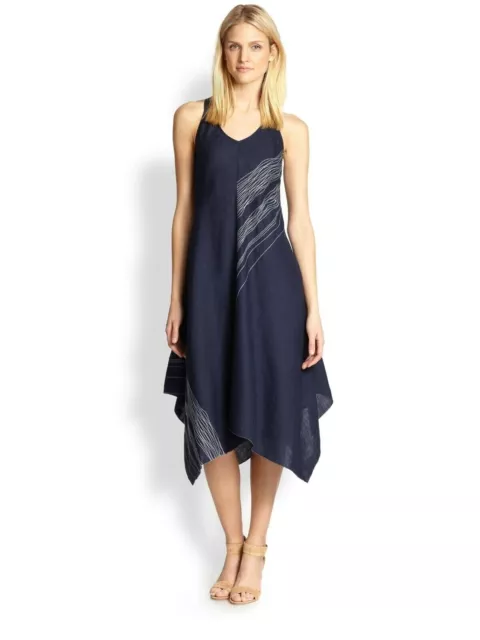 Eileen Fisher Womens Medium Navy Irish Linen Asymmetric Handkerchief Hem Dress