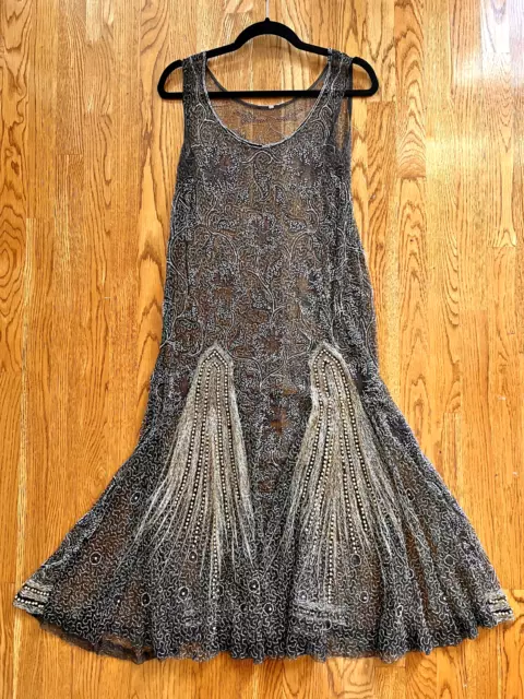 ANTIQUE VINTAGE 1920's Art Deco SHEATH DRESS Beads Metallic Lace Gatsby Style