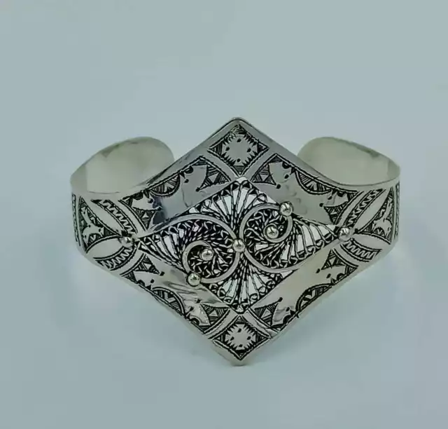 HANDMADE SILVER Carved Filigree BRACELET MOROCCAN BANGLE CUFF TRIBAL BOHO HYPPY