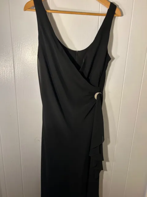 Alex Evenings Faux Wrap Ruched Side Brooch Black Cocktail Dress 90’s Y2K Sz 12