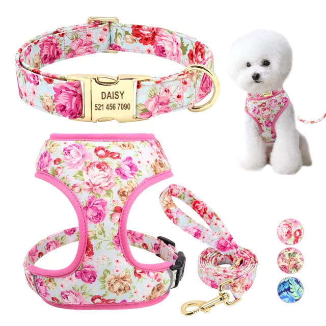 3pcs Floral Personalised Dog Collar and Lead with No Pull Pet Vest Harness Set