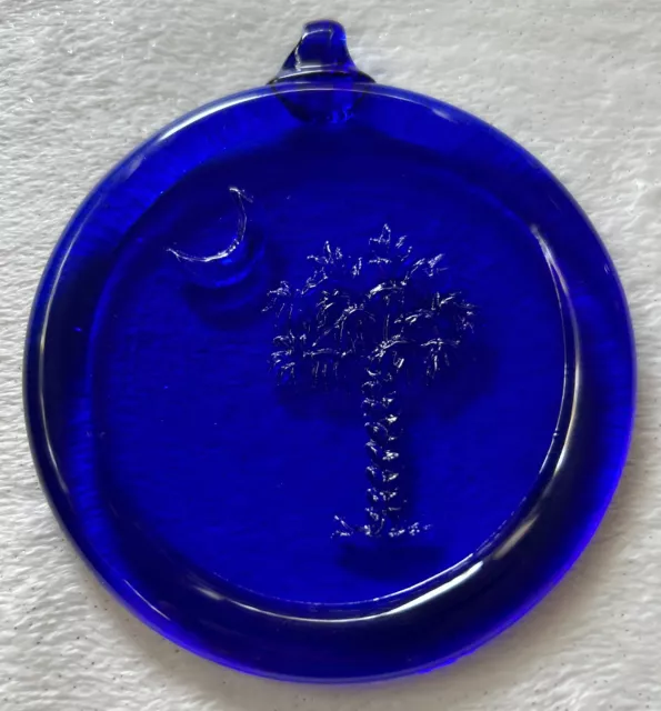 Cobalt Blue Glass SC Palmetto Tree & Crescent Moon Embossed Sun Catcher Ornament