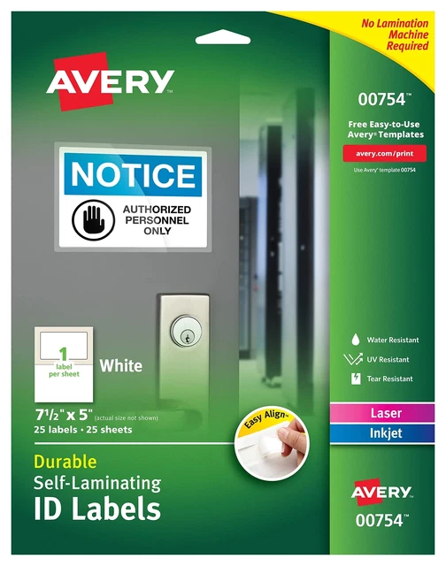 Avery 00754 Easy Align Self-Laminating ID Labels, Laser/Inkjet, 5 x 7 1/2, Wh...