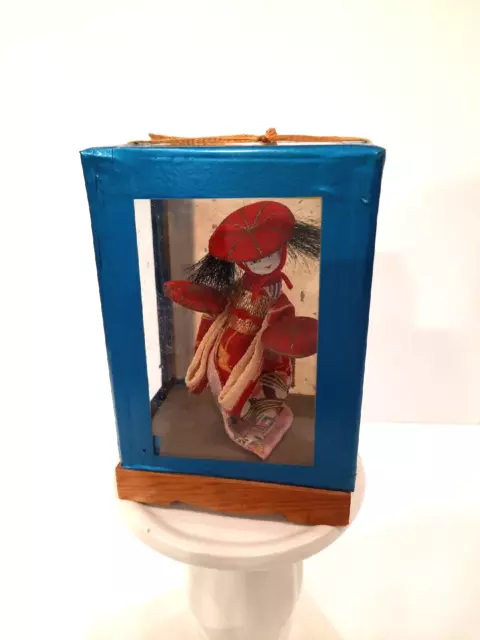 Vintage Japanese Geisha Doll Traveler in Cloth Kimono in 4” Case Crate unopened 2