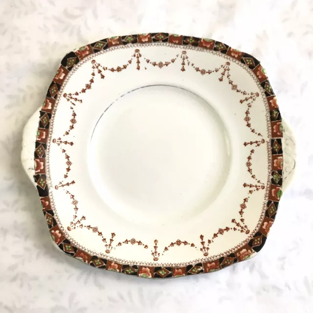 Cake Plate Royal Albert Crown China Vintage Handles White Brown Black Border