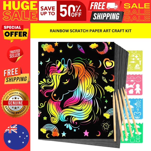 RAINBOW SCRATCH PAPER Art Craft Kit 50 Sheets Black Scratch Art Paper