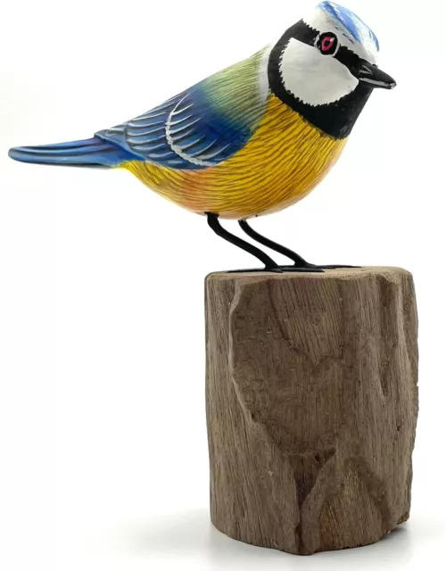 Blue Tit Bird On Log | British Garden Wildlife Ornamental Sculpture