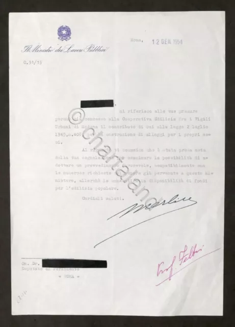 Lettera con autografo del Ministro dei Lavori Pubblici Umberto Merlin - 1954