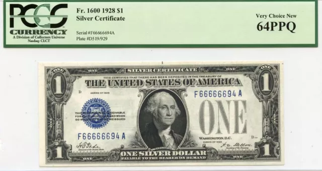 1928$1 Silver Certificate FR#1600 PCGS CH64 PPQ Serial Num 66666694
