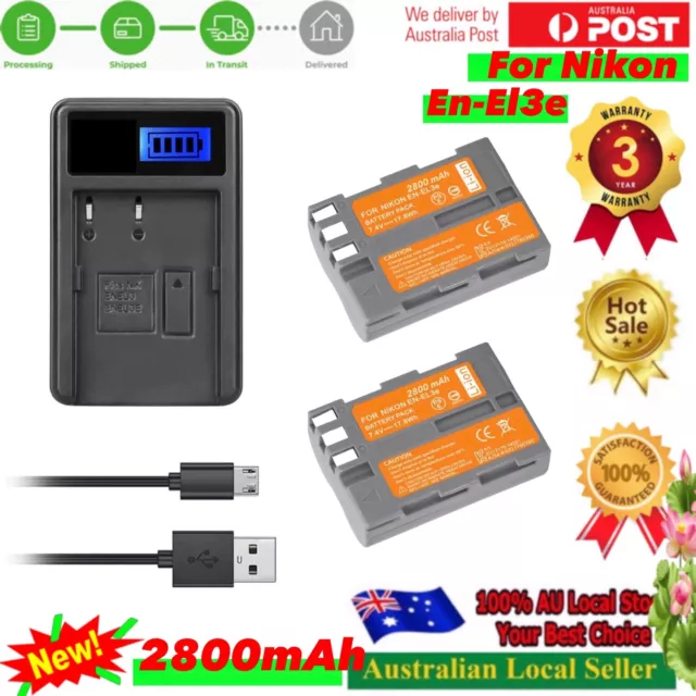 2x EN-EL3e Battery 2.8A +Charger for Nikon D700 D90 D50 D70s D300S D300 D80 Came