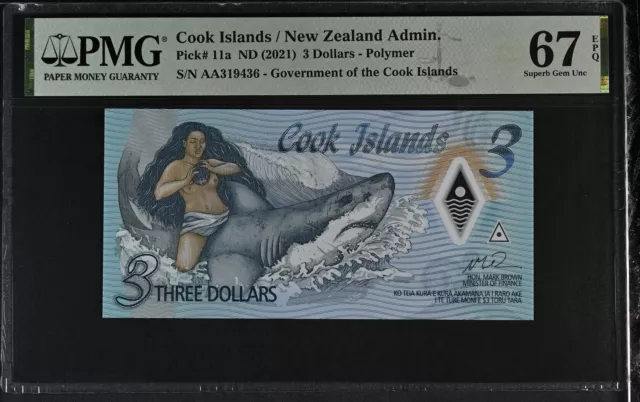 Cook Islands 3 Dollars ND 2021 P 11 a Polymer Superb Gem UNC PMG 67 EPQ NR