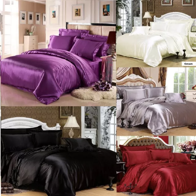 7pc Silk Satin Duvet Cover Silky Bedding Set Fitted Sheet 4 Pillow Cases Cushion