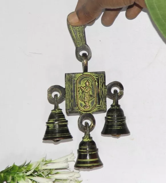 Vintage Handmade Brass Hindu God Krishna Good Luck Wall Hanging 3-Bells 10036