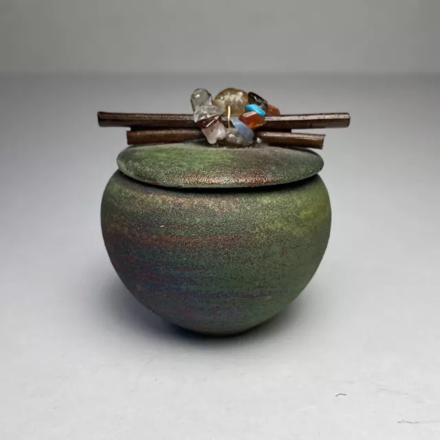 Mini Raku Pot Jeremy Diller Dream Jar Signed Crystals Studio Art Pottery 2 inch