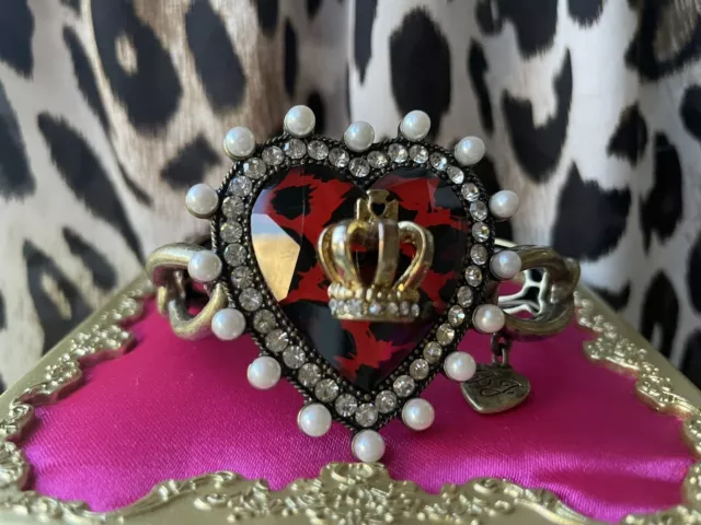 Betsey Johnson Royal Engagement Vintage Red Leopard Heart Lucite Crown Bracelet