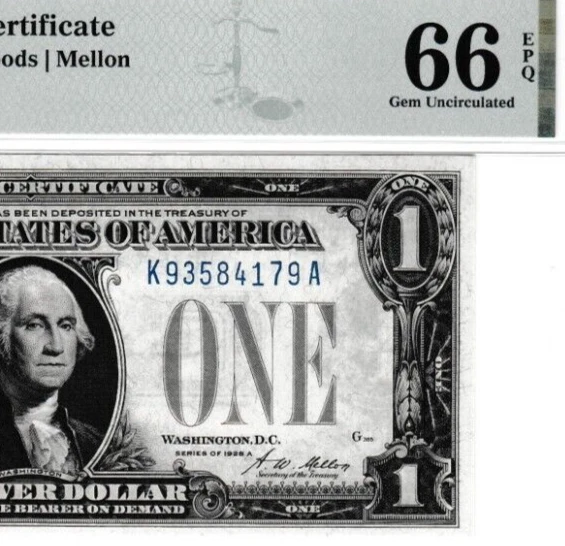 $1 1928 A  SILVER CERTIFICATE FUNNY BACK  S/N  K 93584179 A Fr. 1601 PMG 66 EPQ