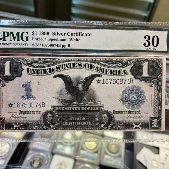 US 1899 $1 Black Eagle Silver Certificate Star Note FR 236* PMG 30 VF Minor Rust