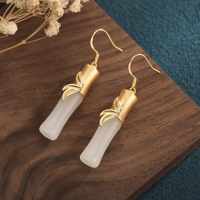 Chinese Royal National Style Element Design Earrings Gold Inlaid Jade Bamboo