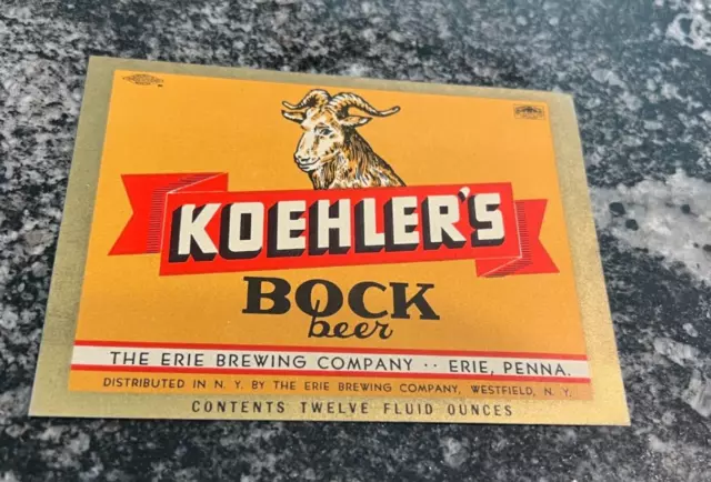 B) Vintage Koehler's Bock Beer 12 Oz Bottle Label Erie Brg Co Erie Pa Ny Sales