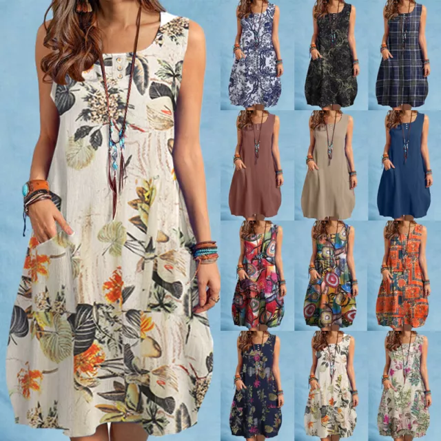 Womens Holiday Sleeveless Printed Sun Dress Ladies Summer Beach Dress Plus