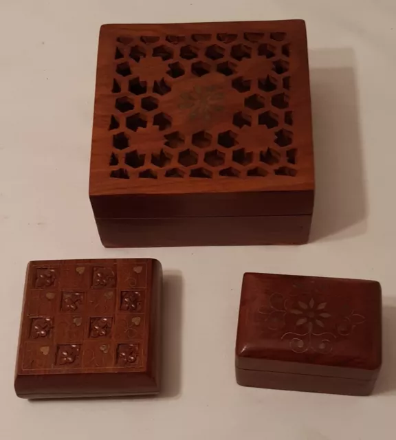 Set Of 3 Small Wooden Boxes With Carved, Cut Out And Decorative Inlaid Detail