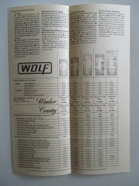 WOLF CARAVAN WOHNWAGEN Windsor und Country Preisliste pricelist 1981