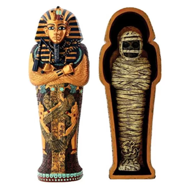 Egyptian Pharaoh King Tut in Coffin with Mummy Figurine