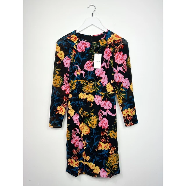 WHISTLES SILK BODYCON Dress Size 8 Digital Bloom Ruched Flattering