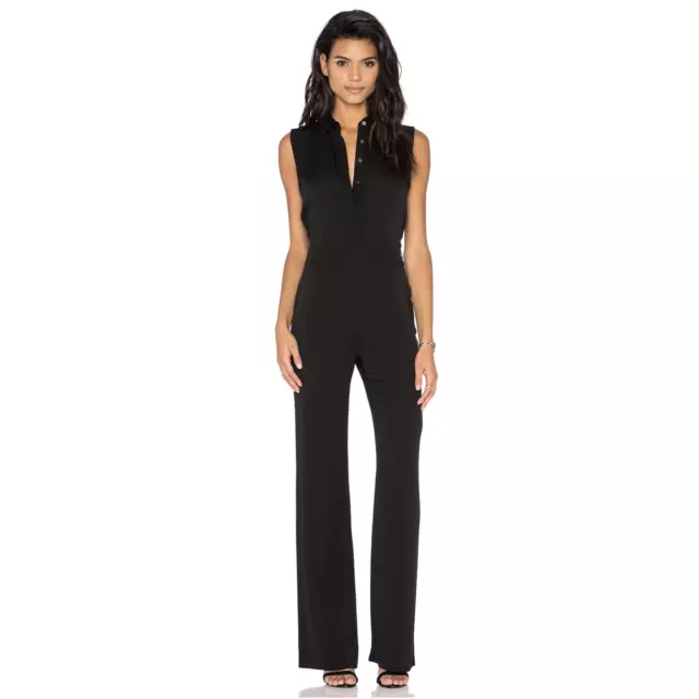 DVF Diane von Furstenberg 0 Black Traci Sleeveless Jumpsuit Belted Silk Stretch