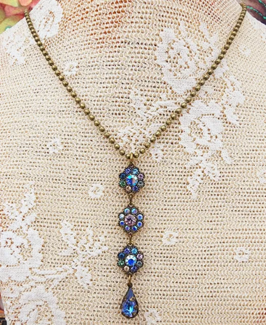 Michal Negrin Pendant Necklace Blue Mix Purple Swarovski Crystals - Handmade