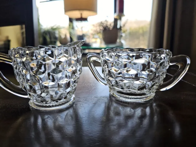 Vtg Depression Clear Glass Creamer And Sugar Cubist Pattern By Jeanette Glass