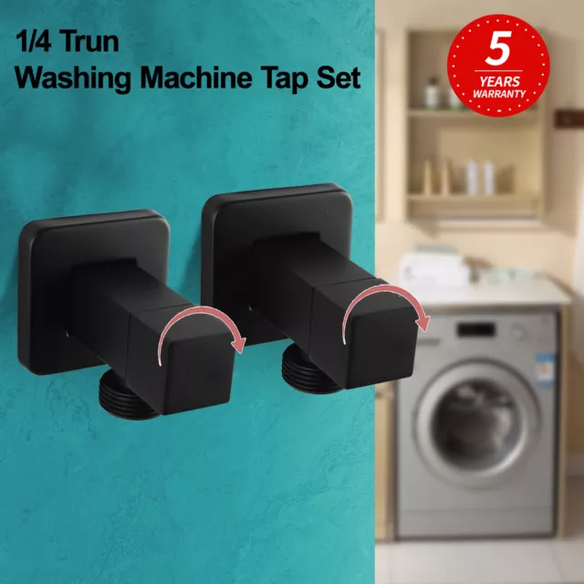 ACA Luxury Washing Machine Taps Pair 1/4 Turn Laundry Stops Black Square Brass