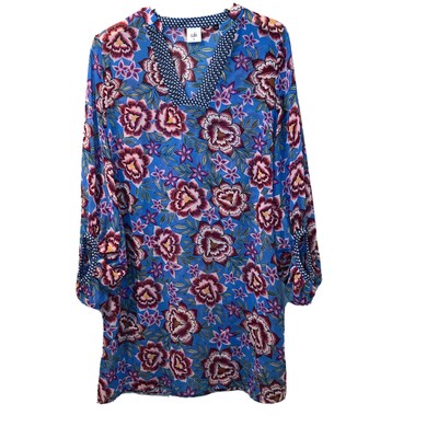 Cabi 5612 Primrose Blue Floral Tunic Top Sheer Puff Sleeve Dress Womens Medium