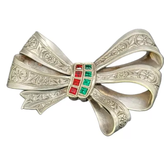 Antique Ornate Ribbon Bow Sliver Stamp CPD Red & Green Rhinestone Brooch Pin 2