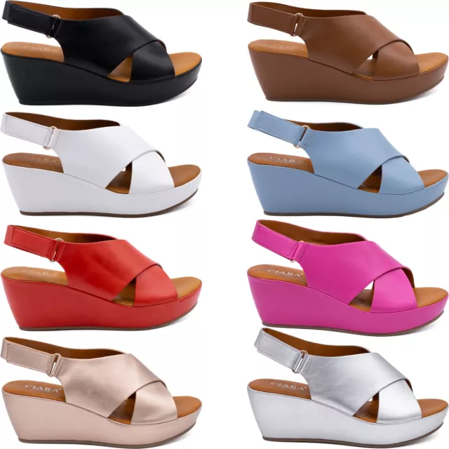 Ladies Women Open Toe Slip On Mid Heel Wedge Hook And Loop Casual Summer Sandals