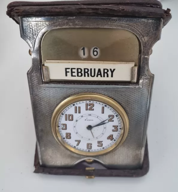 Vintage Silver Alarm 8 days Calendar Desk Clock