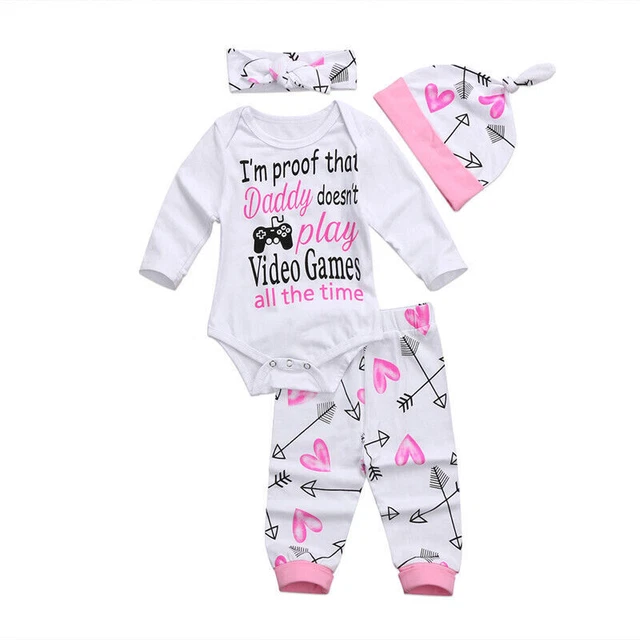 4PCS Newborn Baby Girl Bodysuit Romper Pants Headband Set Infant Outfits Clothes